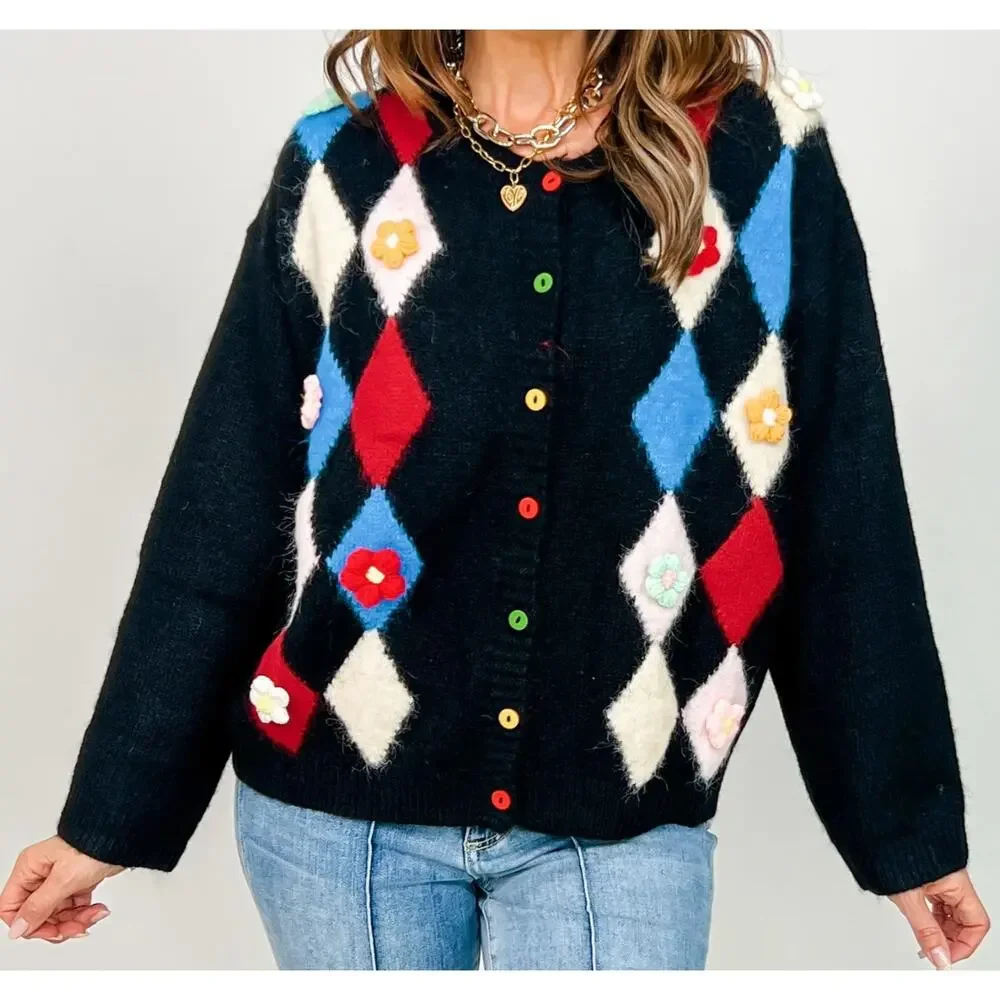 POL Argyle Diamond Floral Cardigan Black Knit Button Front Sweater Size Small